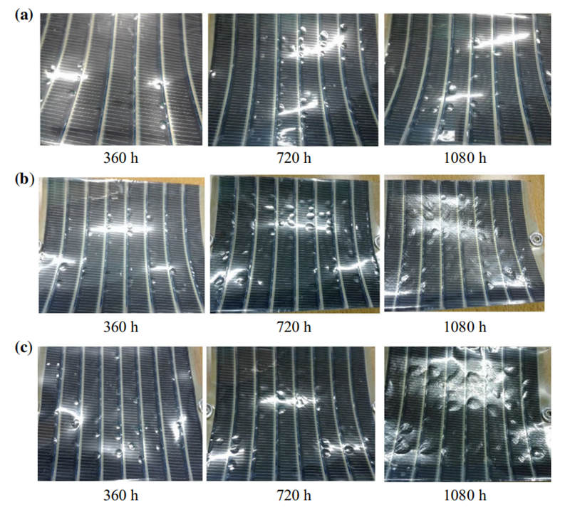 隨著在QUV紫外老化試驗箱中進(jìn)行老化測試時間的推移，OSCs產(chǎn)生氣泡狀和顏色發(fā)生變化