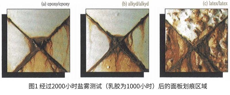 圖1經(jīng)過2000小時鹽霧測試(乳膠為1000小時)后的面板劃痕區(qū)域