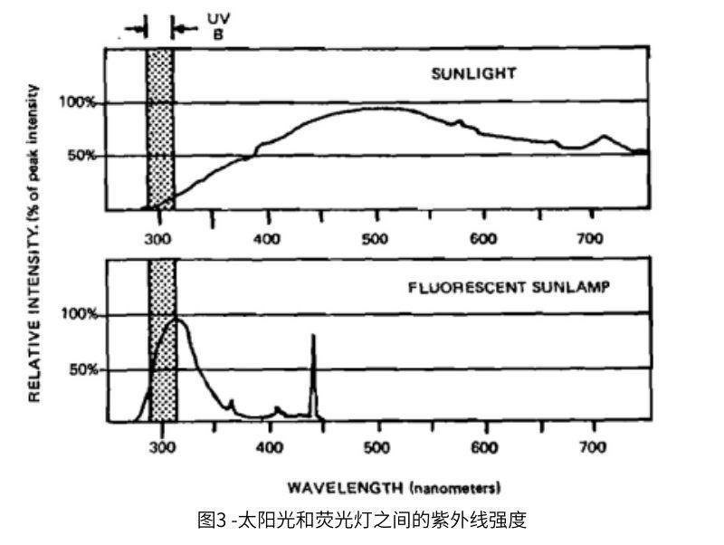 圖3太陽光和熒光燈之間的紫外線強度