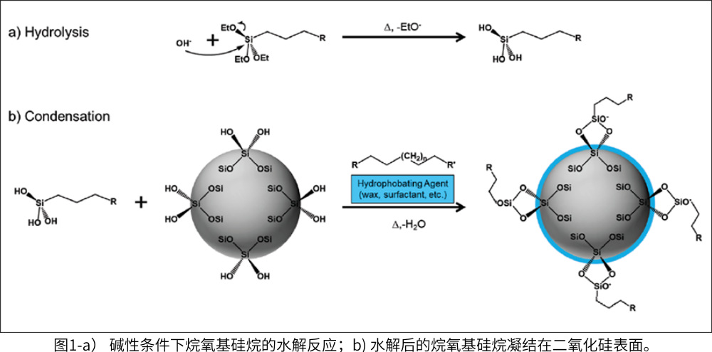圖1-a） 堿性條件下烷氧基硅烷的水解反應(yīng)；b) 水解后的烷氧基硅烷凝結(jié)在二氧化硅表面