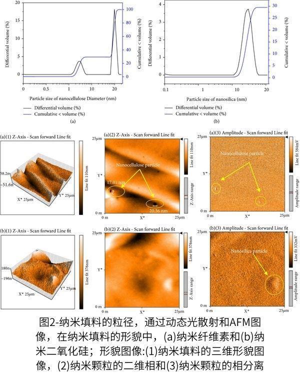 粒度分布如圖2(a)(納米纖維素)和圖2(b)(納米二氧化硅)所示