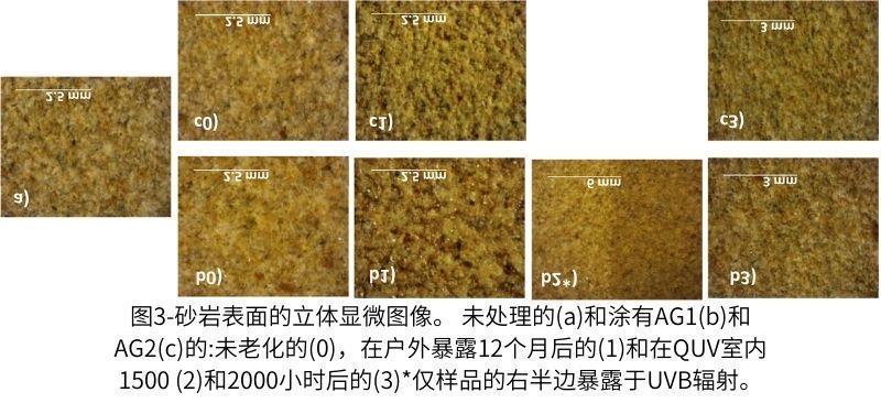 圖3-砂巖表面的立體顯微圖像。 未處理的(a)和涂有AG1(b)和AG2(c)的未老化的(0)，在戶外暴露12個(gè)月后的(1)和在QUV紫外老化測(cè)試箱內(nèi)1500 (2)和2000小時(shí)后的(3)僅樣品的右半邊暴露于UVB輻射。